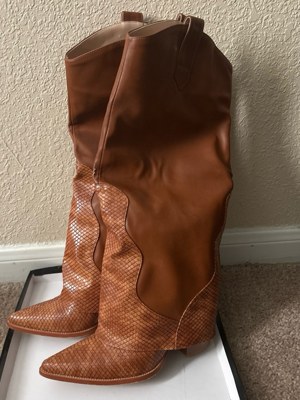 PrettyLittleThing Chestnut Tan Over-the-Knee Western Boots